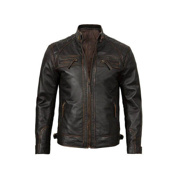 Men's Brown Distressed Sheepskin Leather Cafe Racer Motorcycle Jacket