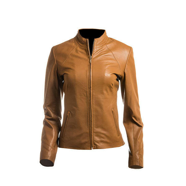 Women's Tan Plain Short Zipped Leather Jacket - AU LeatherX