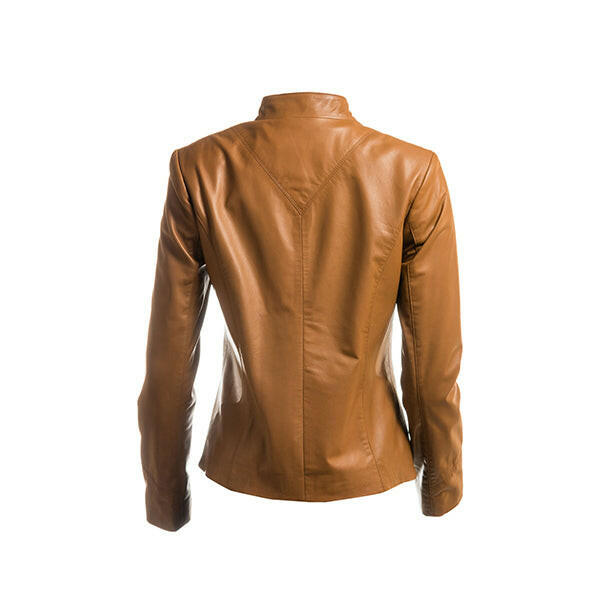 Women's Tan Plain Short Zipped Leather Jacket - AU LeatherX