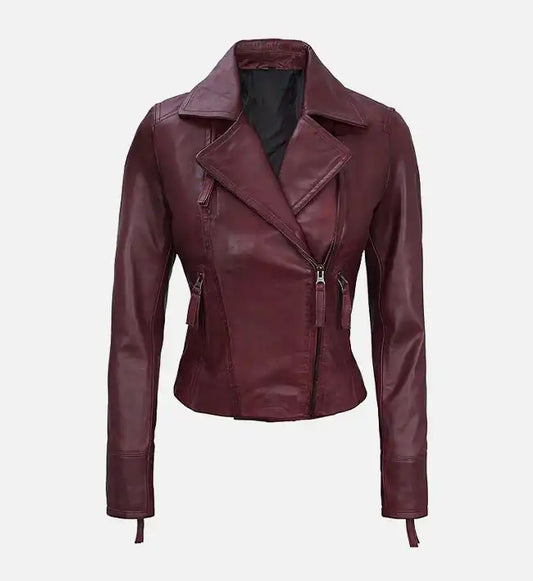 womens maroon asymmetrical biker leather jacket