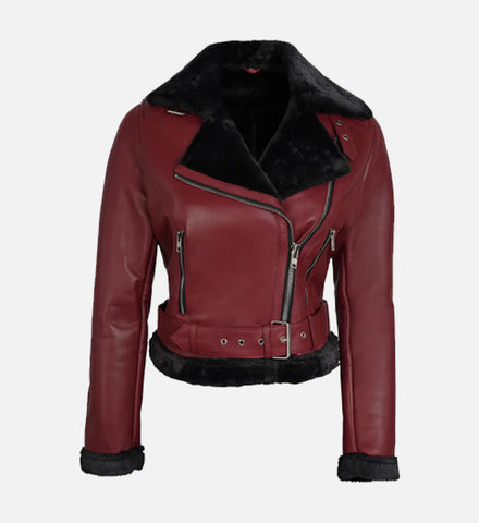 Women's Maroon and Black Biker Shearling Leather Jacket