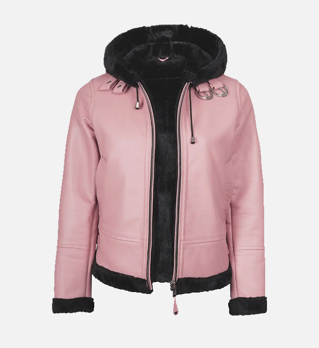 Women's Pink Leather Hooded Shearling Jacket