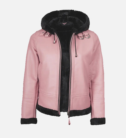 Women's Pink Leather Hooded Shearling Jacket