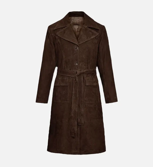 Women's Dark Brown Suede Leather Long Coat