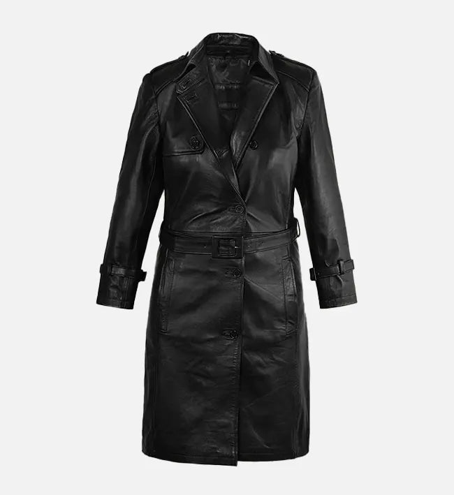 Women's Black Asymmetrical Leather Trench Coat