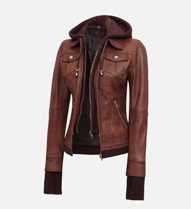 Women's Dark Brown Leather Jacket With Removable Hood