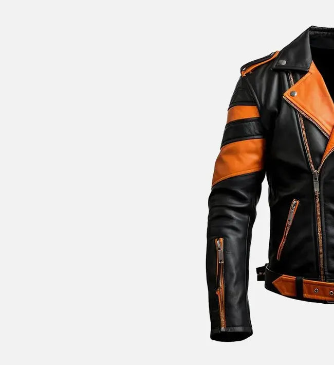 Men’s Stylish Orange Black Biker Leather Jacket