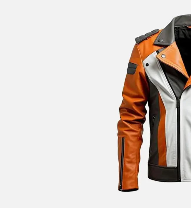 Men's Orange White Biker Leather Jacket