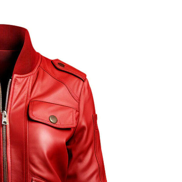 Women's Red Leather Bomber Jacket with Strap Pockets