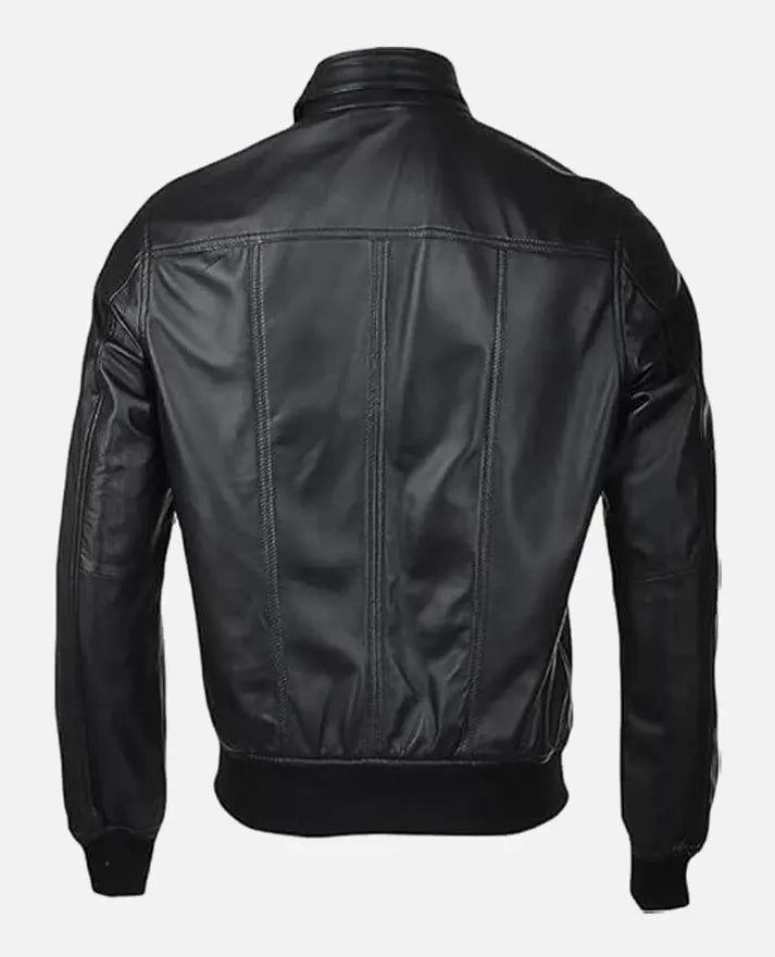 Men’s Snap Double Button Collar Black Leather Bomber Jacket