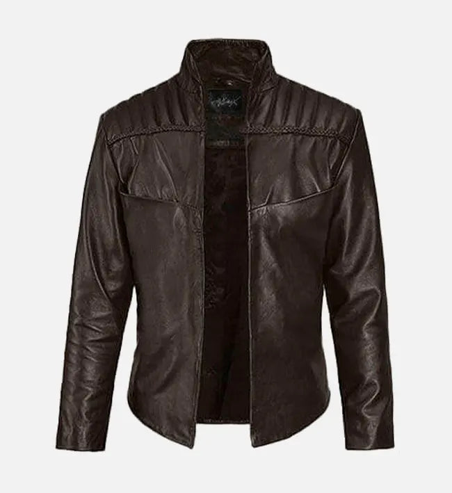 Men's Quilted Shoulder Brown Leather Jacket