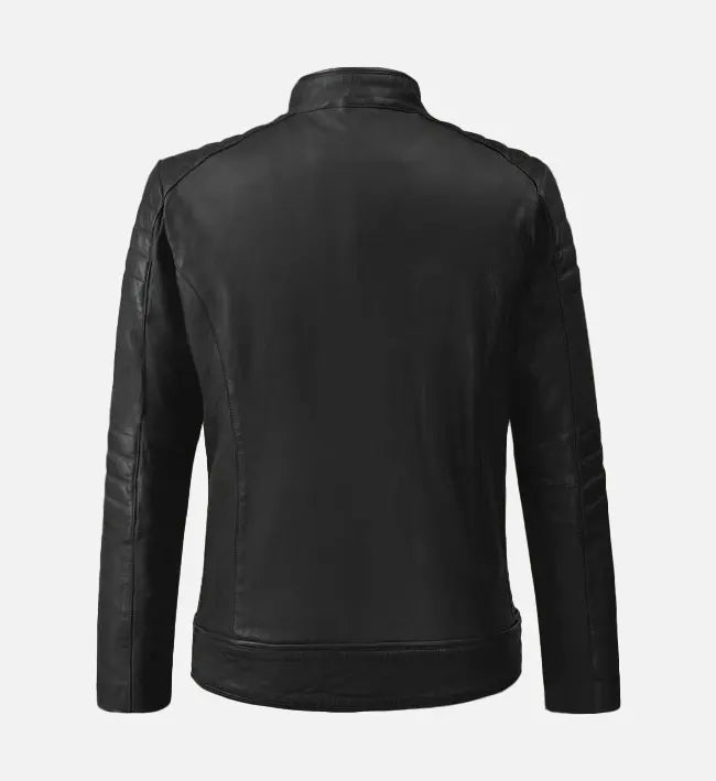 Men’s Quilted Shoulder Black Cafe Racer Leather Jacket