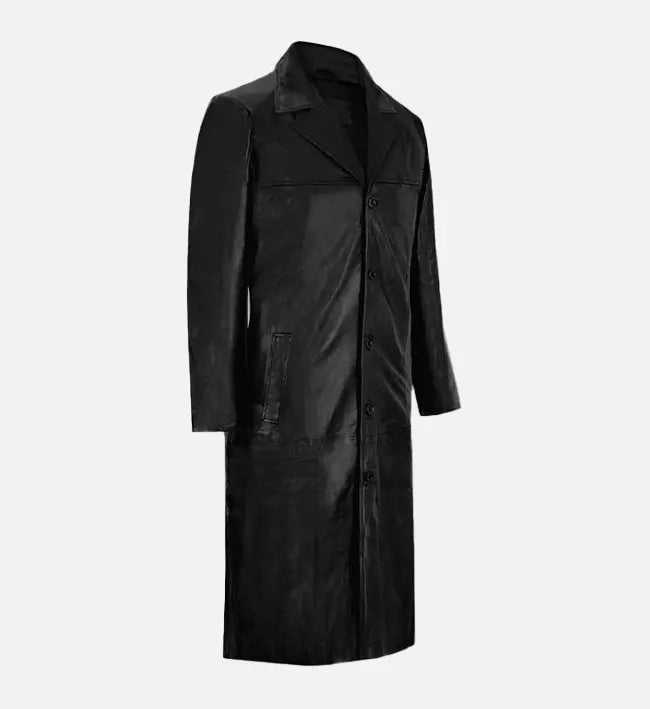 Men's Black Leather Long Trench Coat