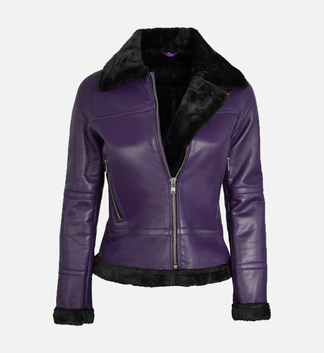 Women's Purple Shearling Leather Bomber Jacket