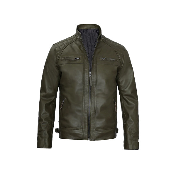 Men's Olive Green Leather Cafe Racer Jacket