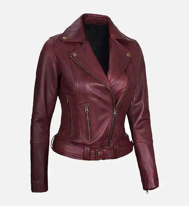 Women's  Motorcycle Maroon Leather Jacket Asymmetrical