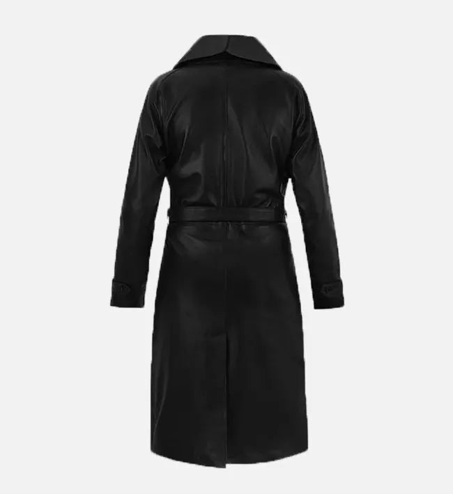 Women's Black Belted Leather Long Coat