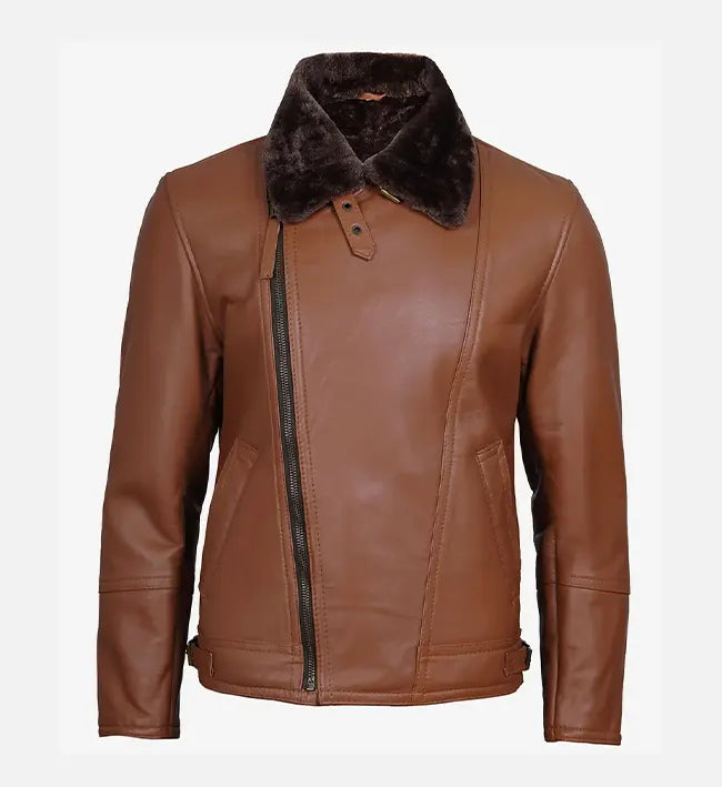 Men's Cognac Leather Shearling Moto Jacket