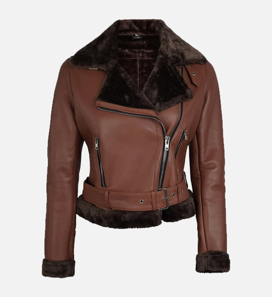 Women's Cognac Biker Shearling Leather Jacket