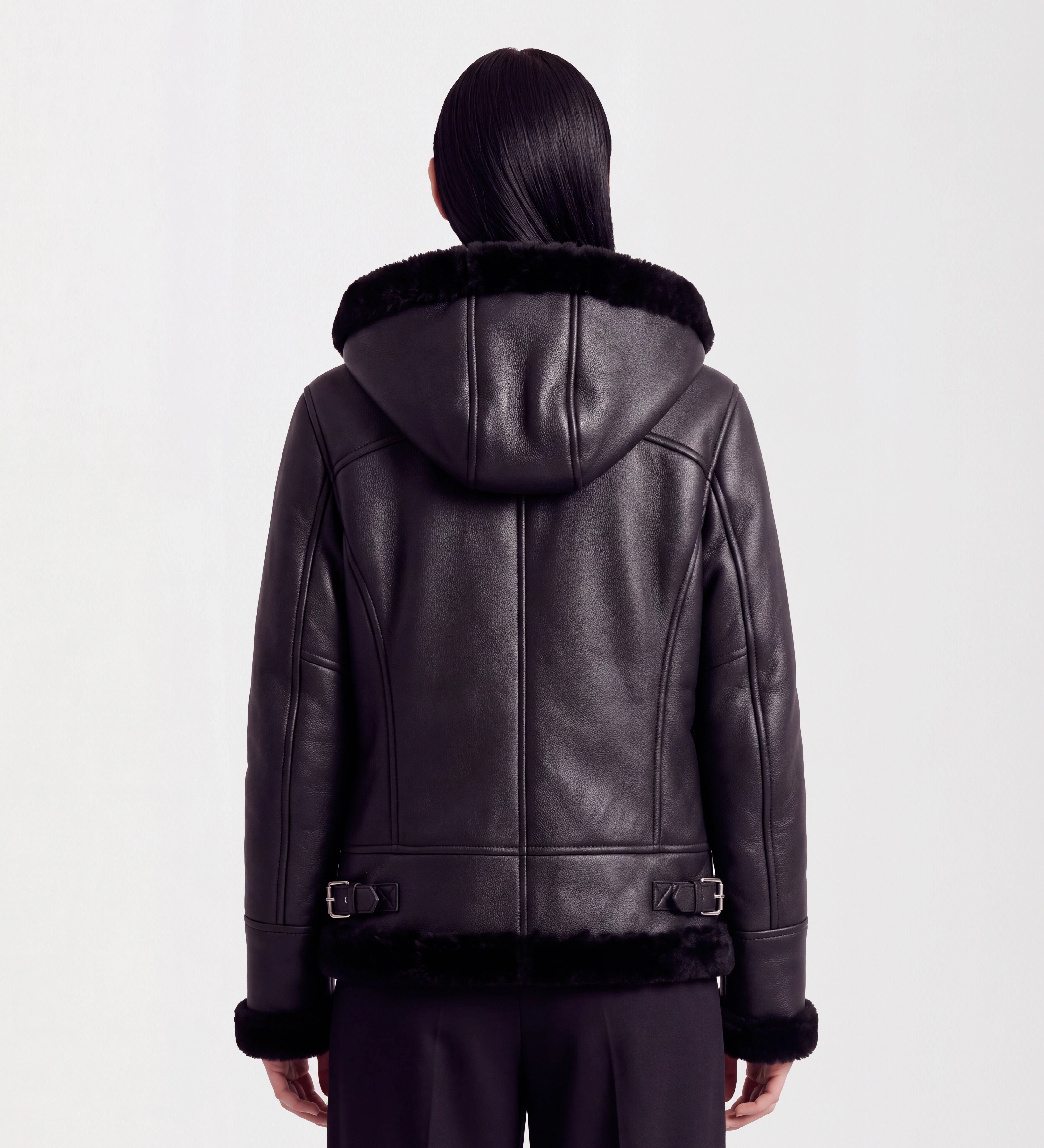 Women Black Leather Hooded Shearling Jacket