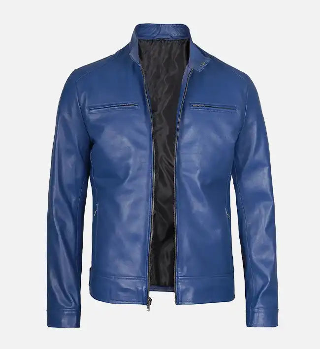 Stylish Slim Fit Men’s Blue Leather Jacket
