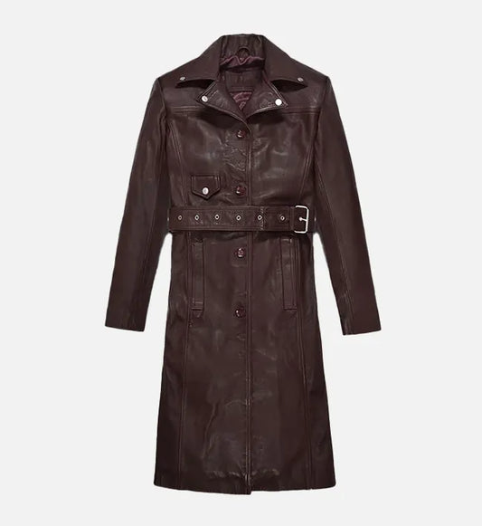 Women's Maroon Leather Trench Coat