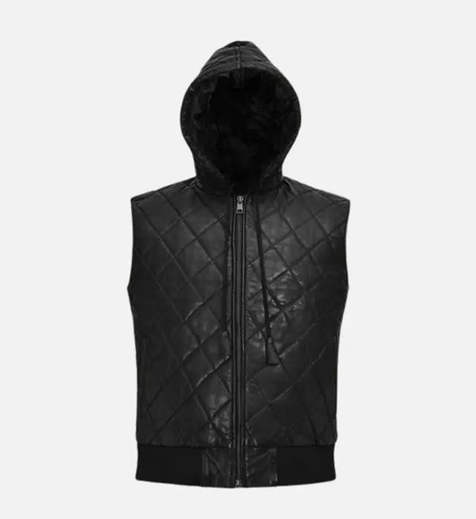 Men's Black Hooded Leather Vest