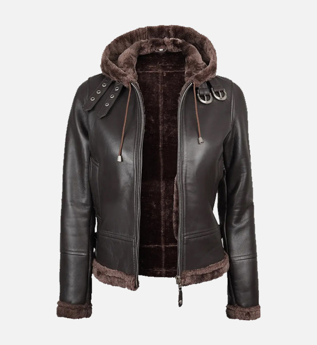 Women's Dark Brown Leather Hooded Shearling Jacket