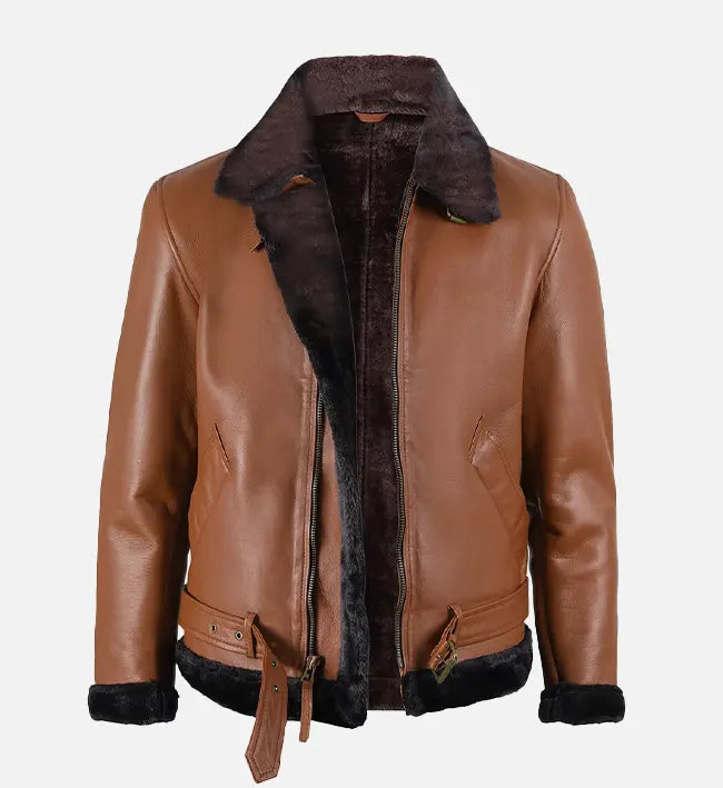 Men's Cognac Leather Shearling Bomber Jacket