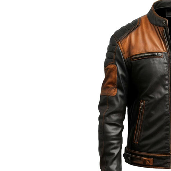 Men's Black & Tan Brown Biker Leather Jacket