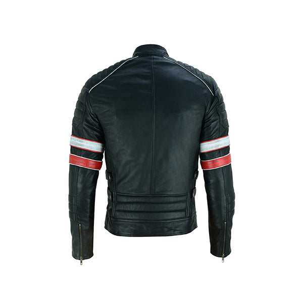 Men’s Red and White Striped Cafe Racer Leather Jacket