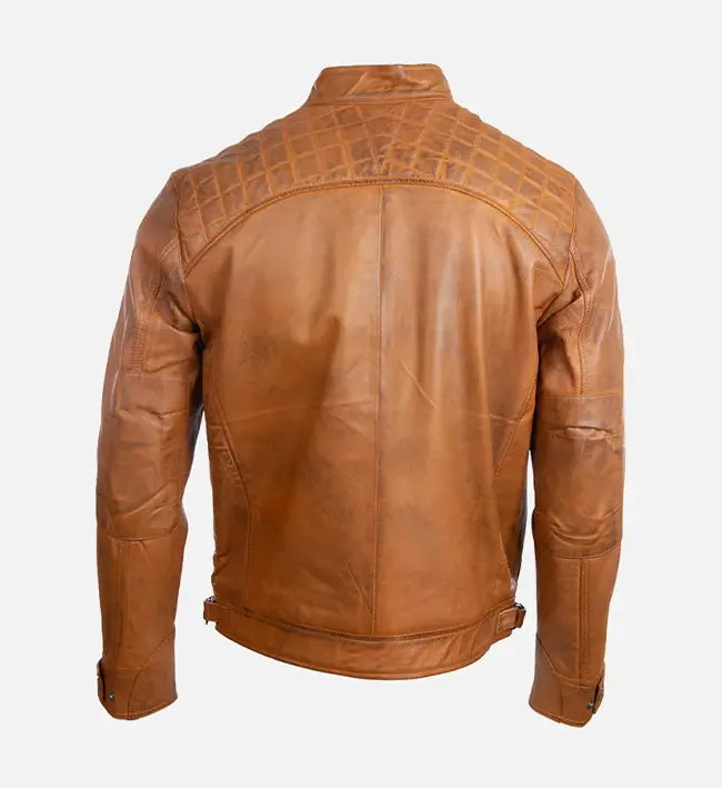 Men’s Quilted Shoulder Tan Cafe Racer Leather Jacket