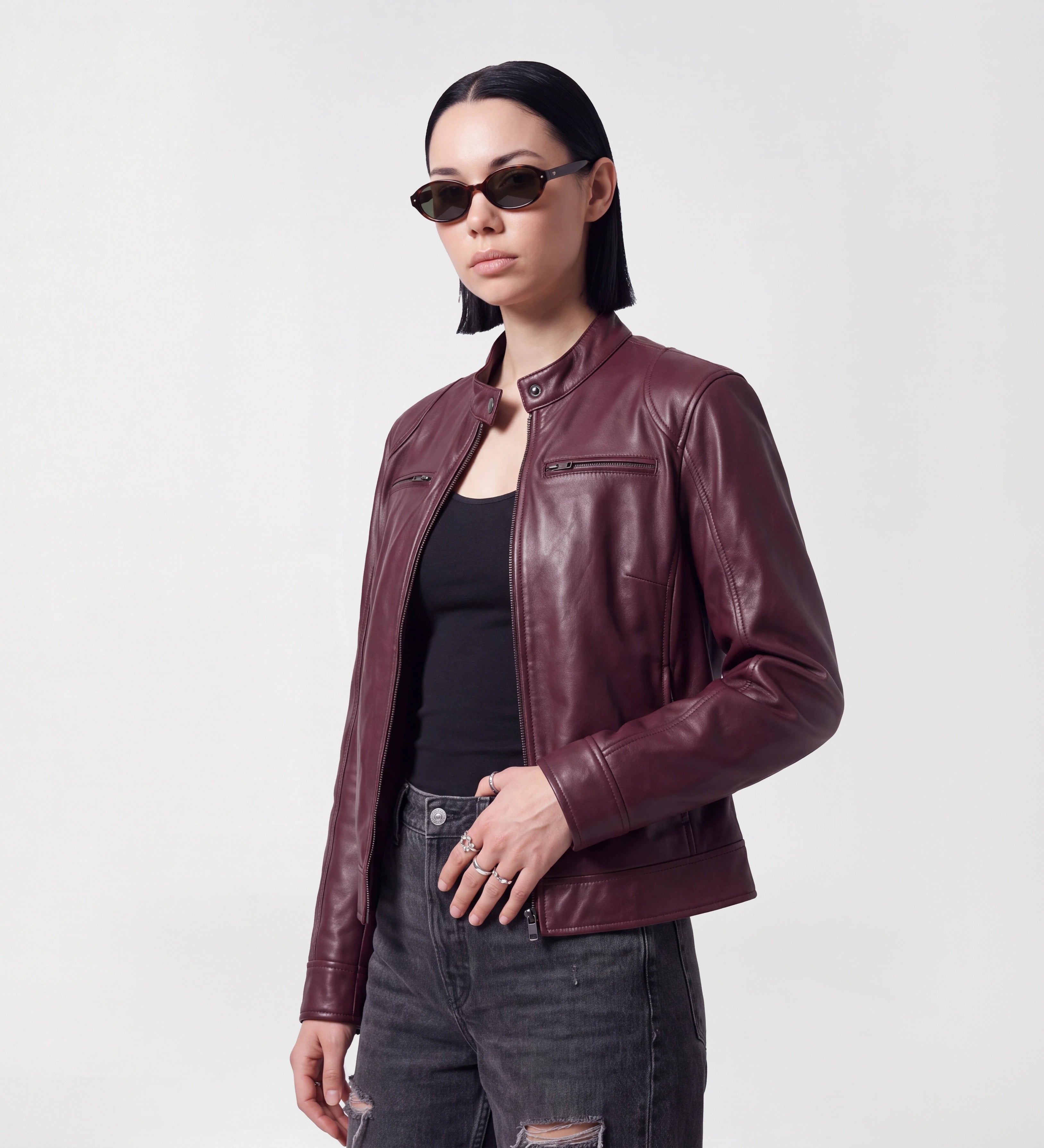 Women Maroon Leather Moto Jacket