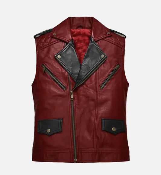 Men's Red and Black Leather Vest