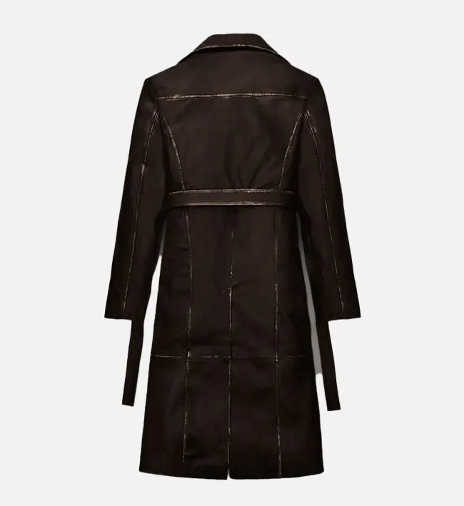 Women's Rubbed Dark Brown Leather Long Coat