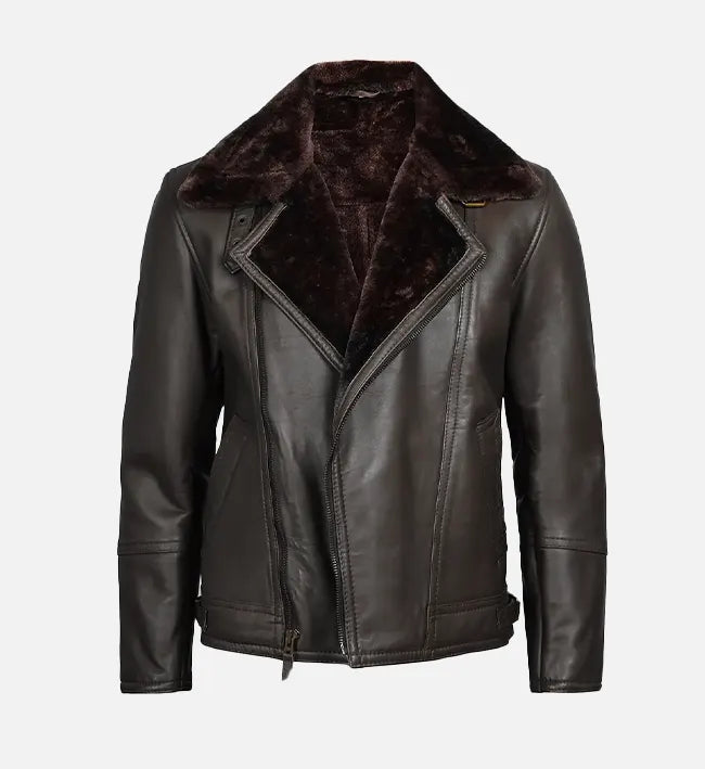 Men's Dark Brown Shearling Leather Moto Jacket