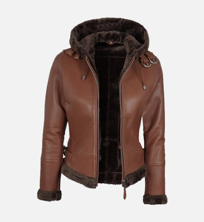 Women's Cognac Brown Leather Hooded Shearling Jacket