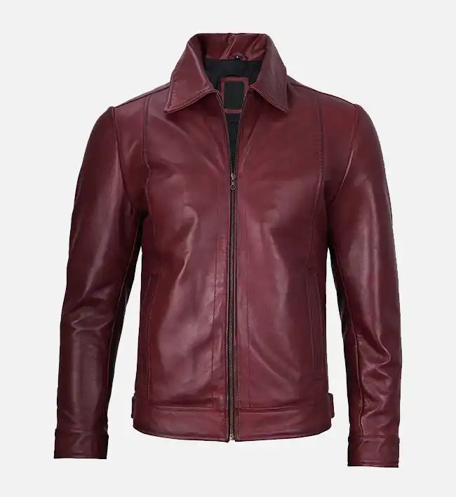 Men's Classic Shirt Collar Maroon Leather Jacket