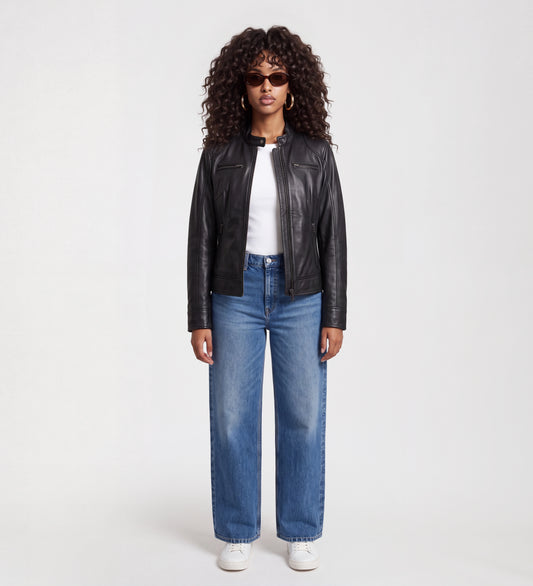 Women Black Cafe Racer Real Leather Jacket