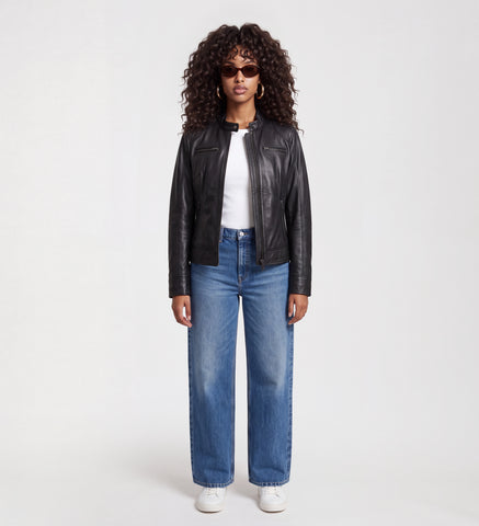 Women Black Cafe Racer Real Leather Jacket