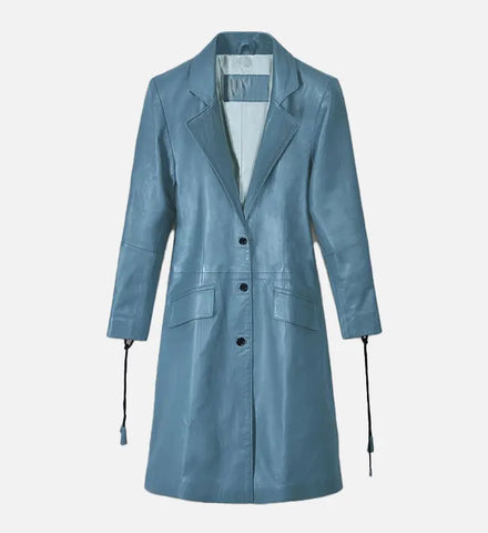 Women's Sapphire Blue Leather Long Coat