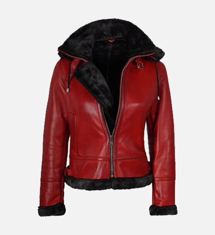 Women's Red Bomber Shearling Leather Jacket with Hood