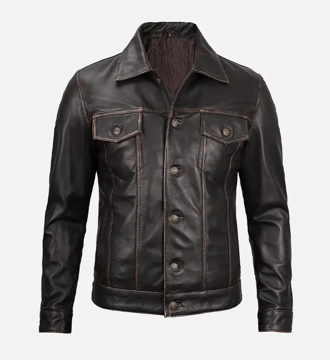 Men's Dark Brown Leather Trucker Jacket