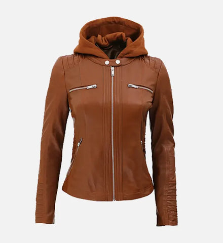 Women's Cognac Slim Fit Leather Jacket With Removable Hood