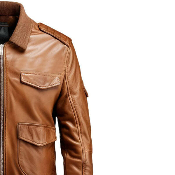 Men's Brown Strap Pockets Bomber Leather Jacket
