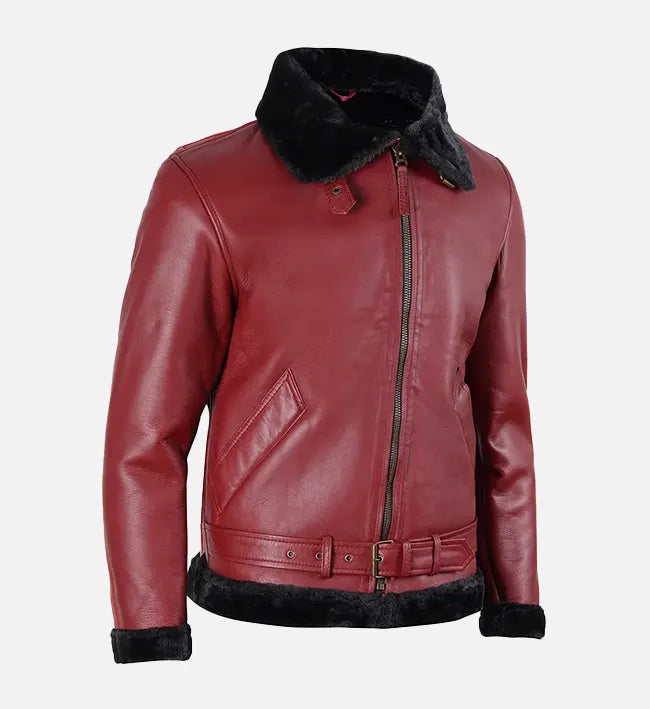 Men's Maroon Leather Shearling Bomber Jacket