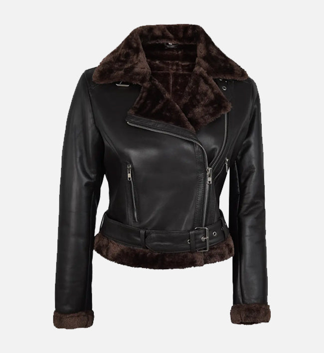 Women's Black and Brown Shearling Leather Jacket