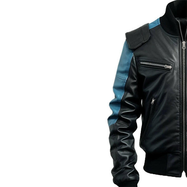 Men's Black & Blue Bomber Leather Jacket