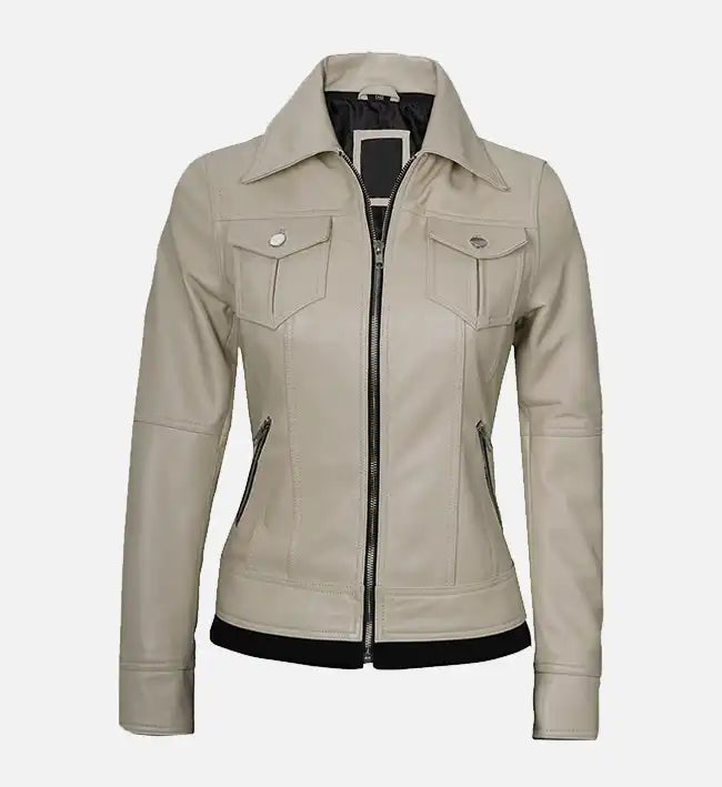 Women’s Beige Leather Jacket With Hood