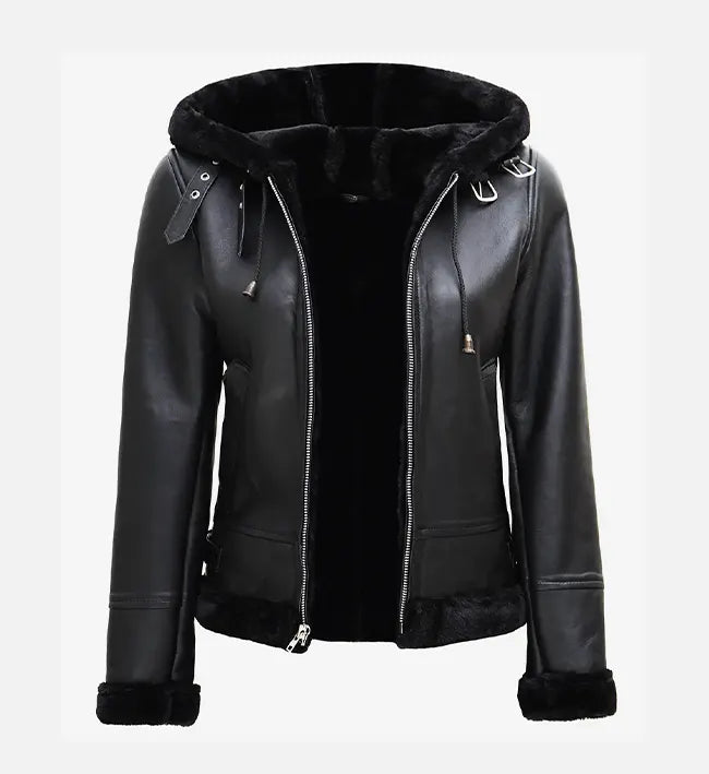 Women's Black Leather Hooded Shearling Jacket